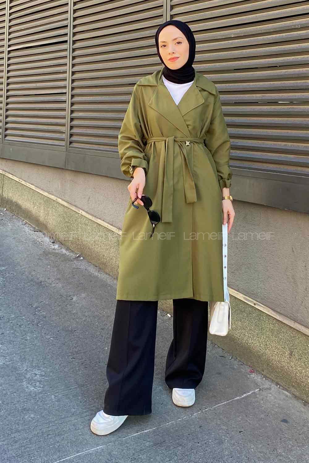 Khaki Long Arm Belted Cotton Trench Coat