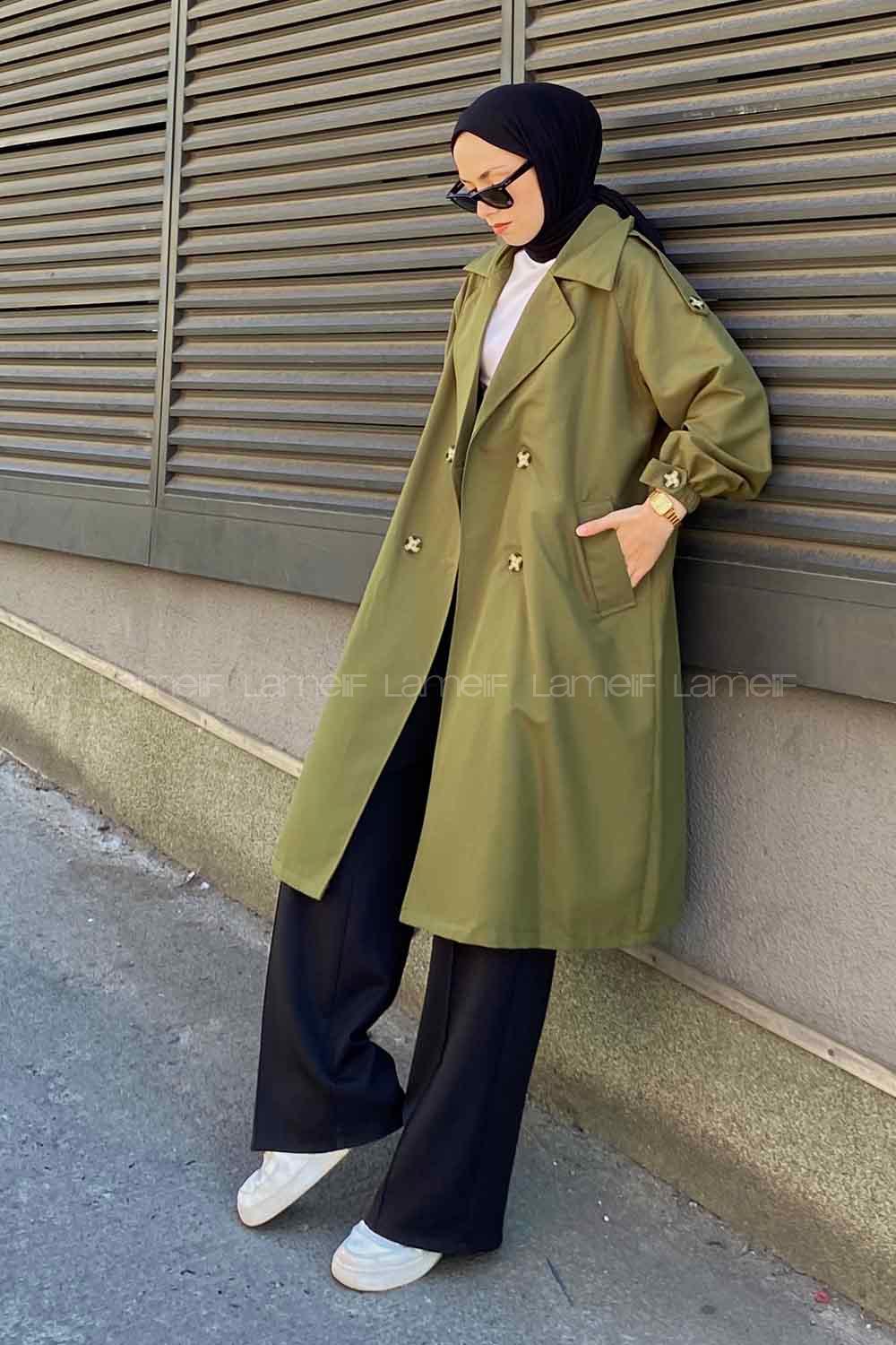 Khaki Long Arm Belted Cotton Trench Coat