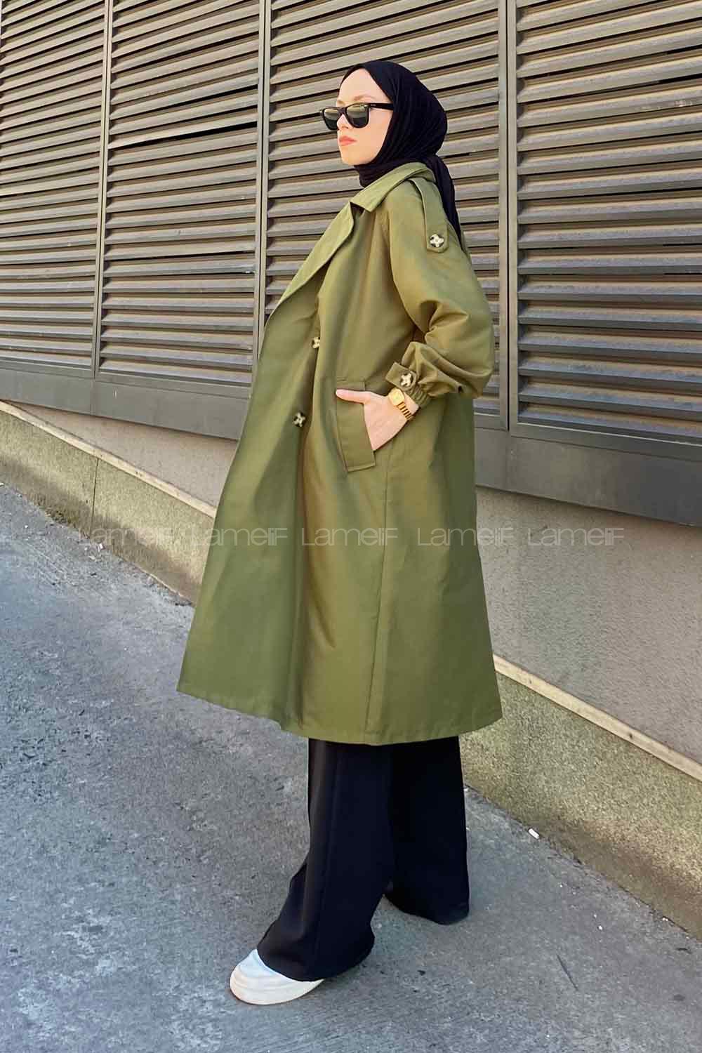 Khaki Long Arm Belted Cotton Trench Coat