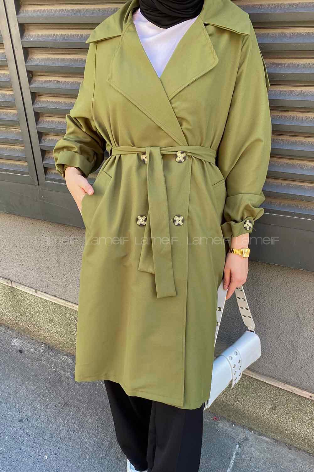 Khaki Long Arm Belted Cotton Trench Coat