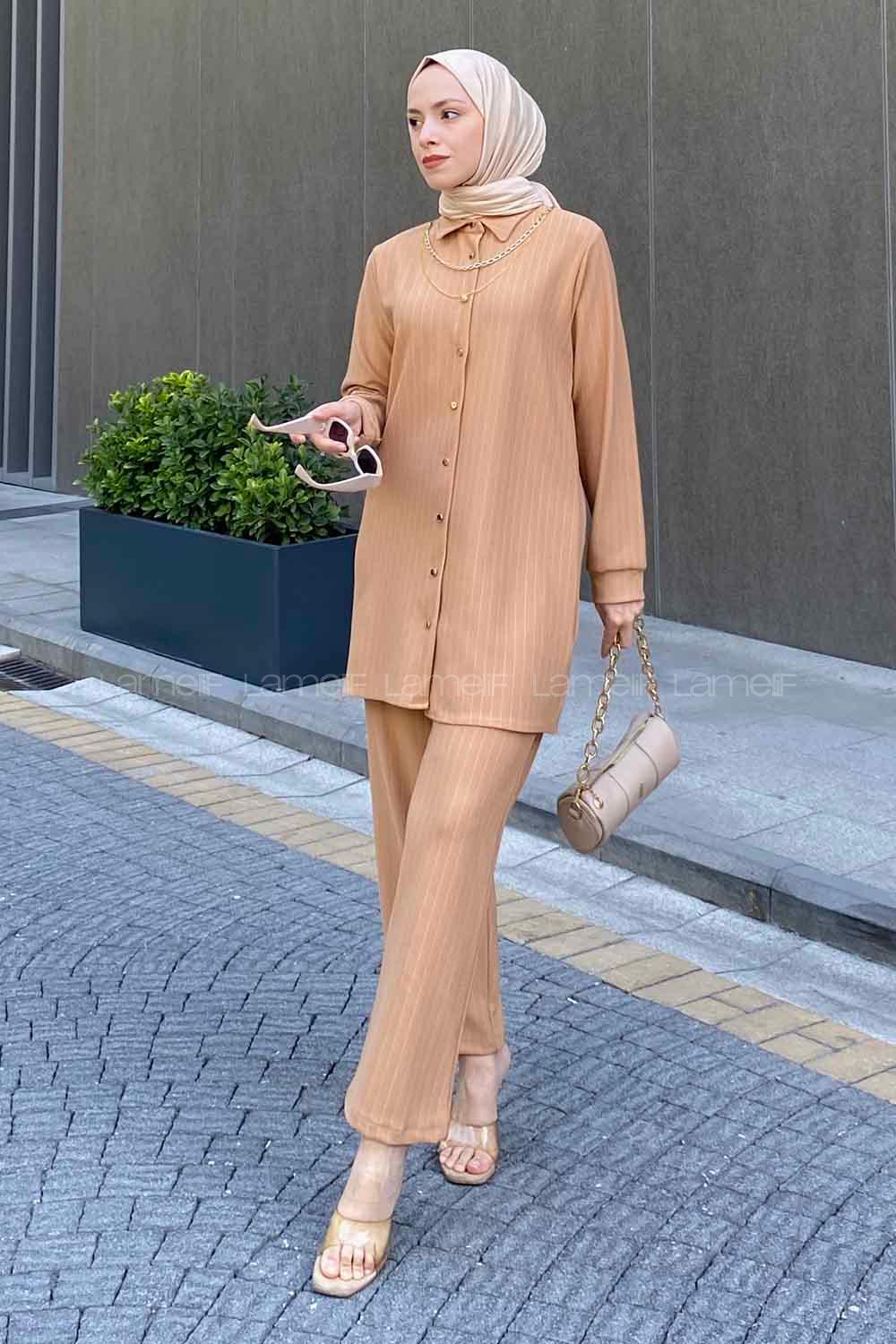 Lamelif Zeta Çizgili Takım Sütlü Kahve