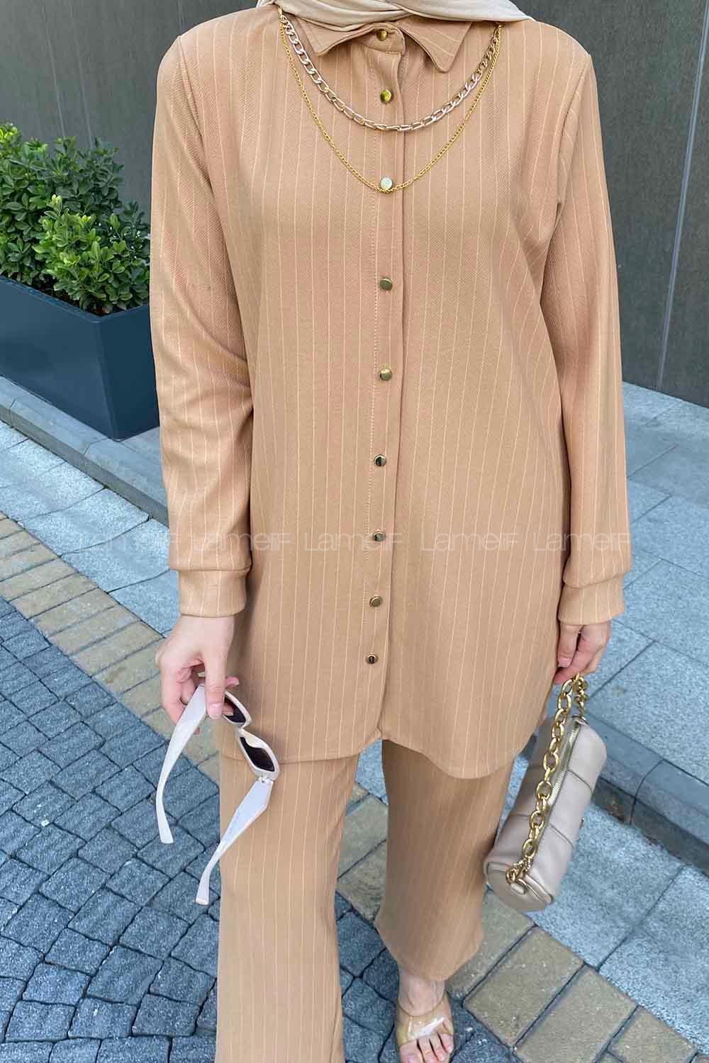 Lamelif Zeta Çizgili Takım Sütlü Kahve