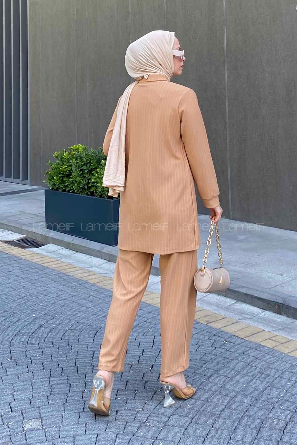 Lamelif Zeta Çizgili Takım Sütlü Kahve