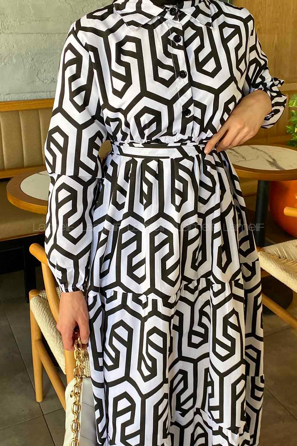 Black Shirt Collar Cotton Printed Dresess