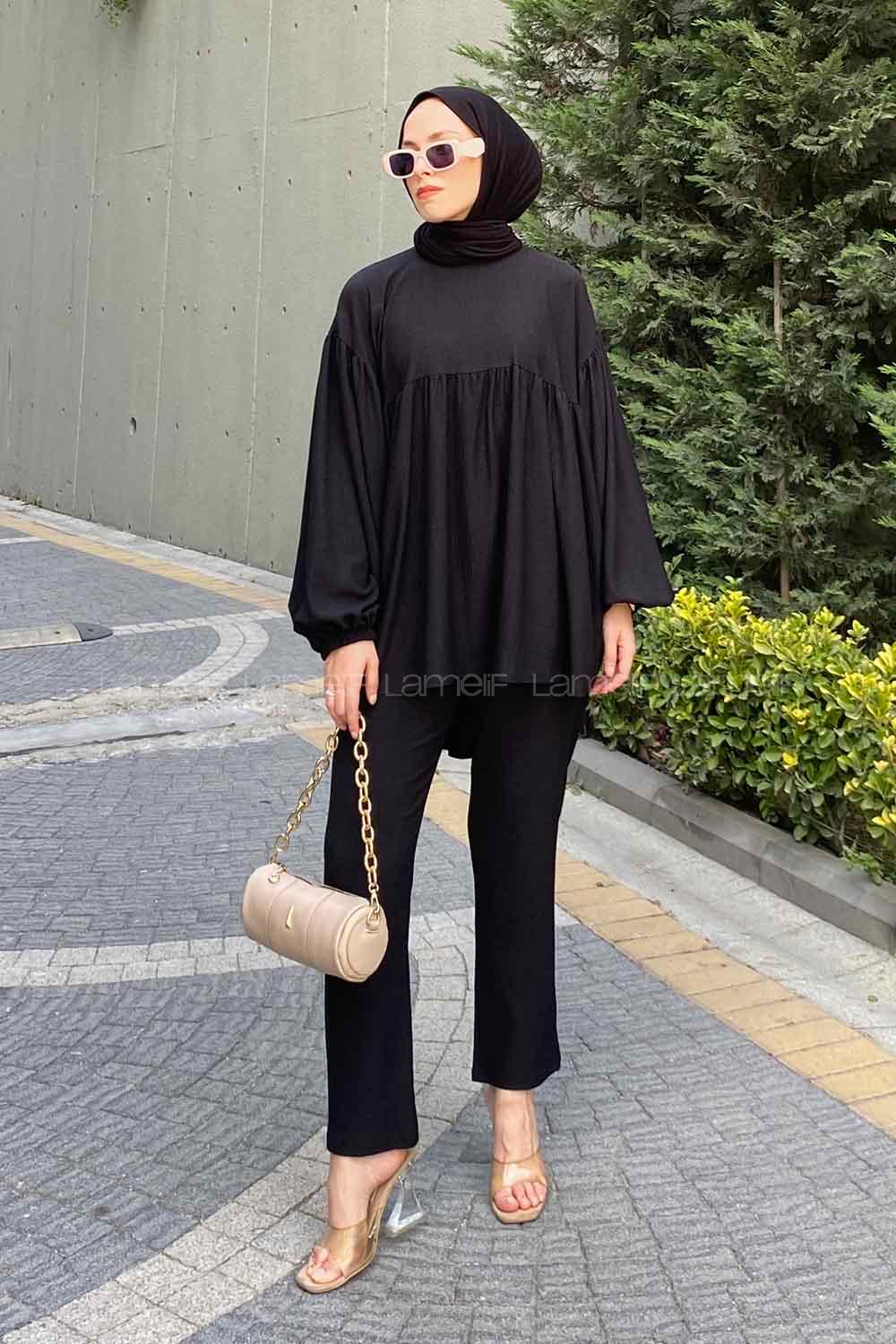 Black Crew Neck Balloon Sleeve Arm Cotton Comfortable Suit