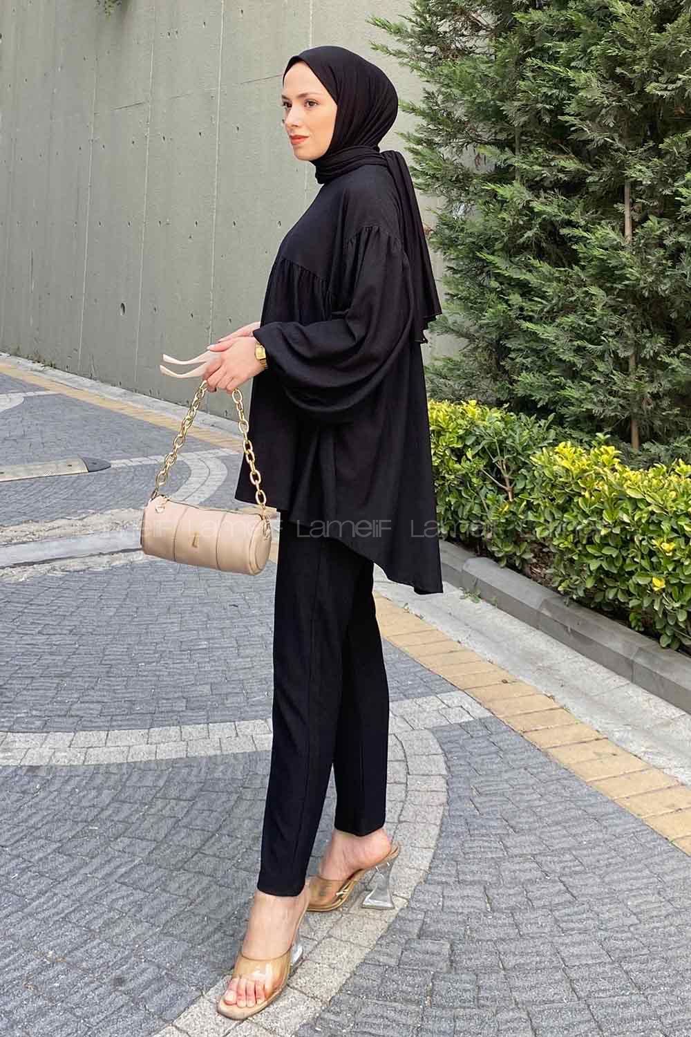 Black Crew Neck Balloon Sleeve Arm Cotton Comfortable Suit