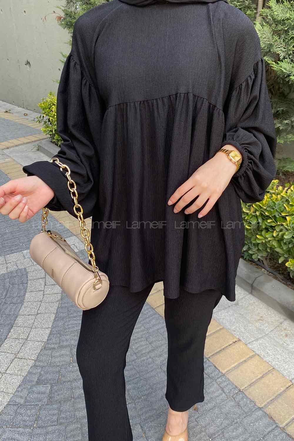 Black Crew Neck Balloon Sleeve Arm Cotton Comfortable Suit