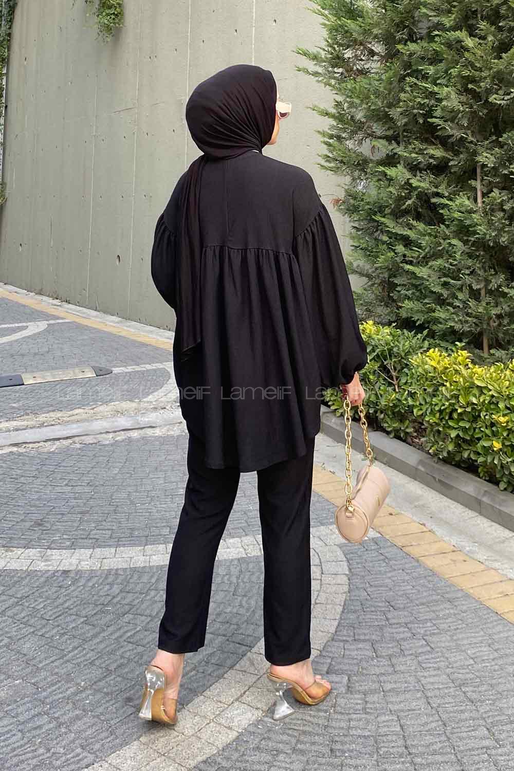 Black Crew Neck Balloon Sleeve Arm Cotton Comfortable Suit