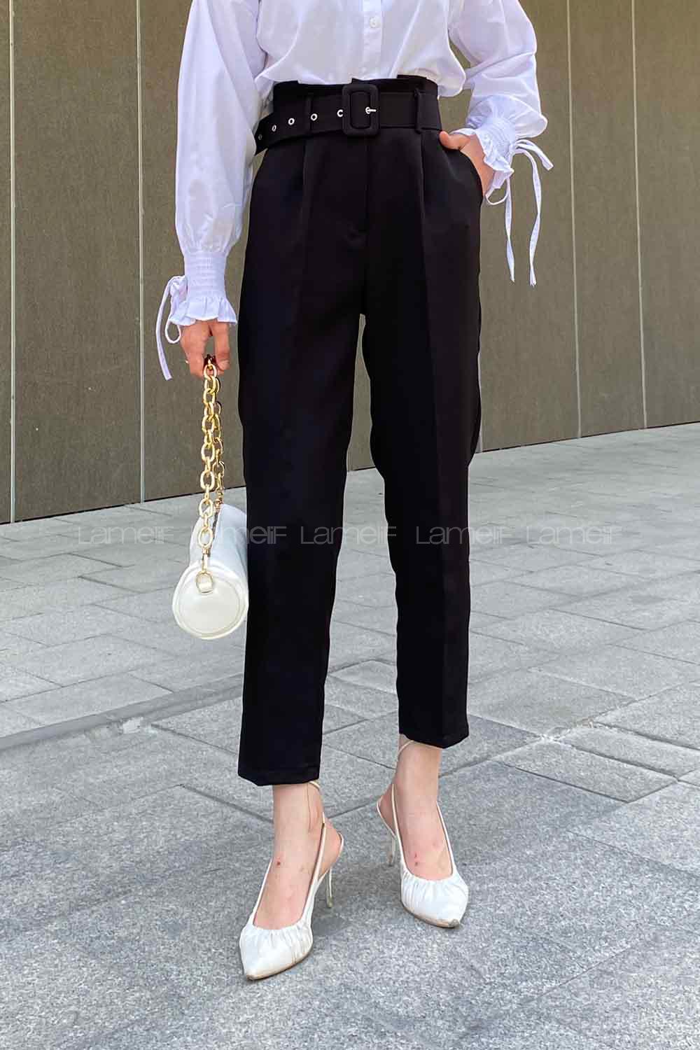 Lamelif Kemerli Havuç Pantolon Siyah