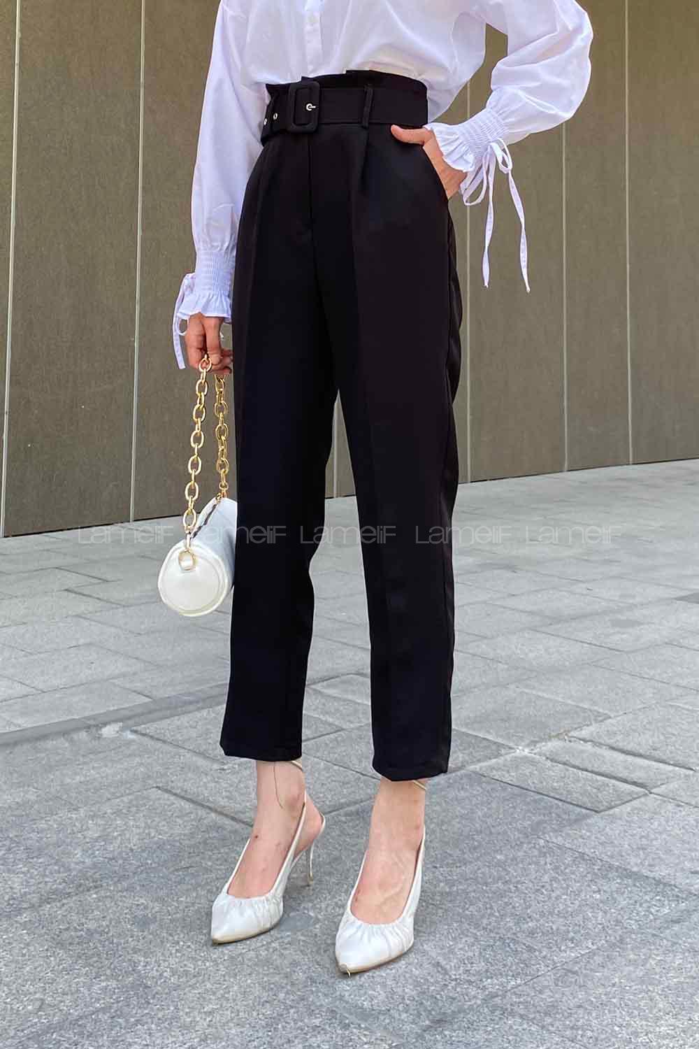 Lamelif Kemerli Havuç Pantolon Siyah