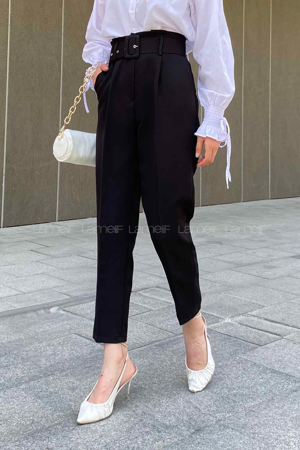 Lamelif Kemerli Havuç Pantolon Siyah