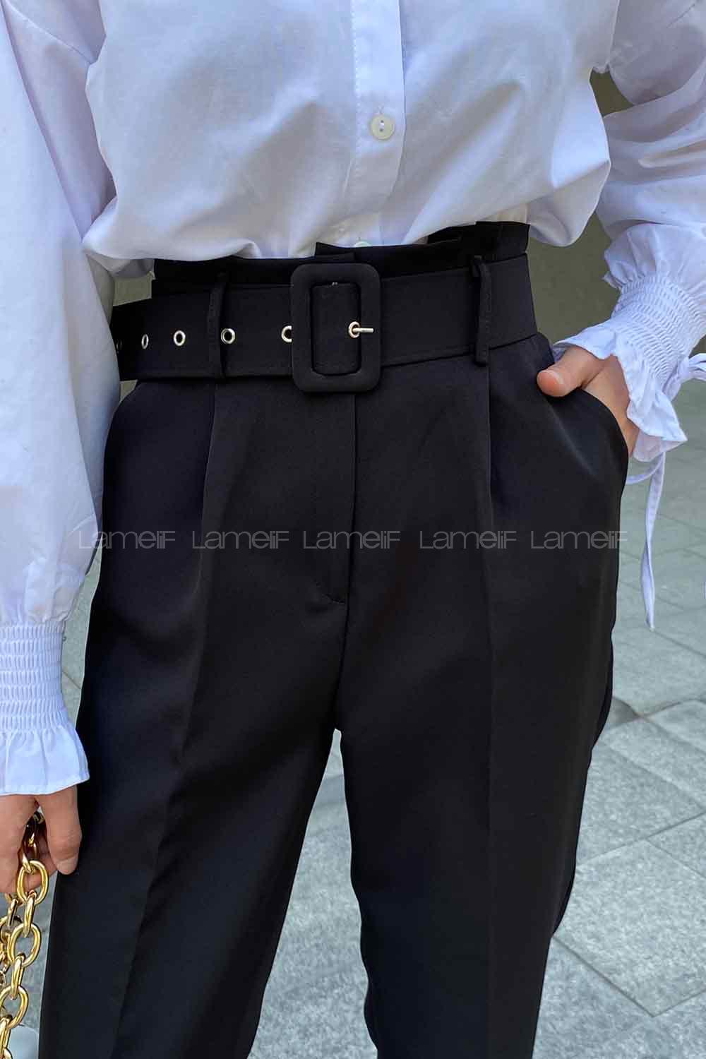 Lamelif Kemerli Havuç Pantolon Siyah