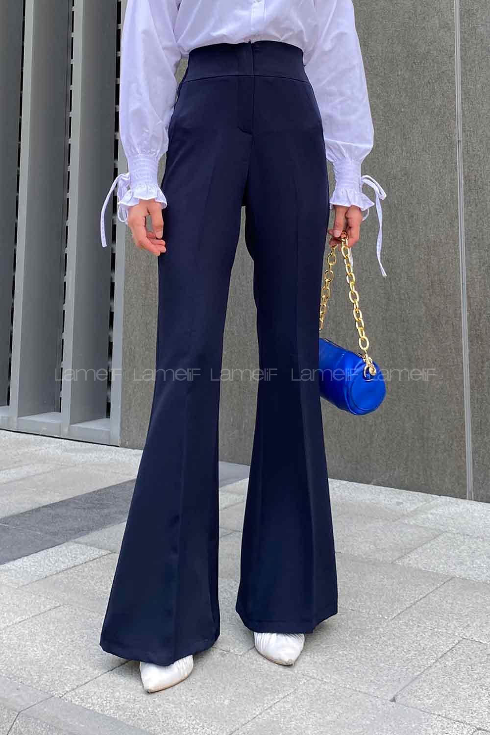 Lamelif Yüksek Bel İspanyol Paça Gizli Cep Pantolon Lacivert
