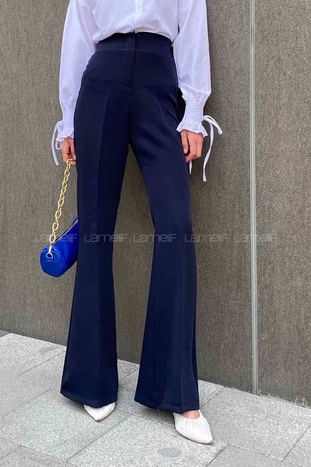 Lamelif Yüksek Bel İspanyol Paça Gizli Cep Pantolon Lacivert