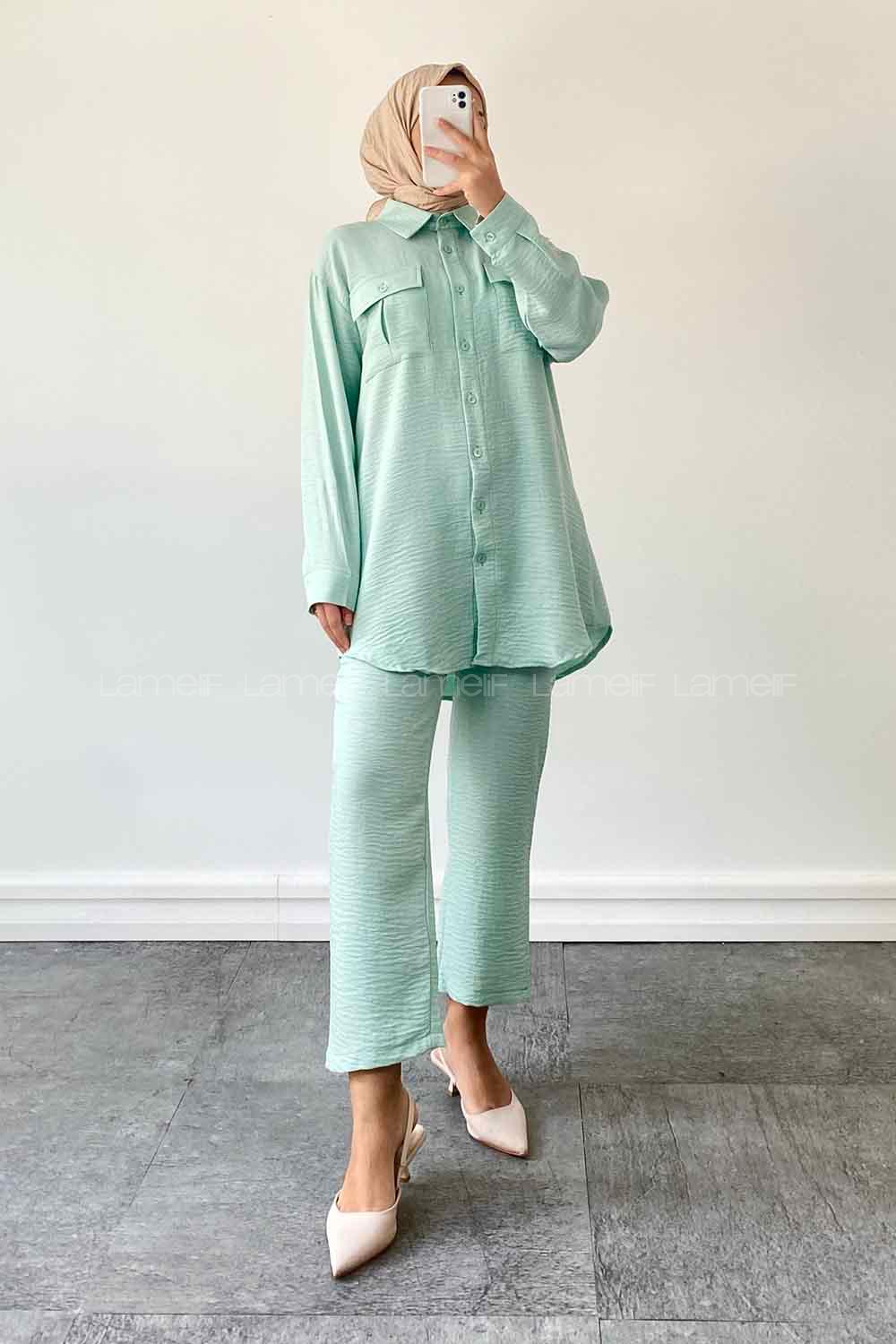 Water Green Shirt Collar Long Arm Without Accessories Viscose Fabric Regular Trousers Comfortable Suit