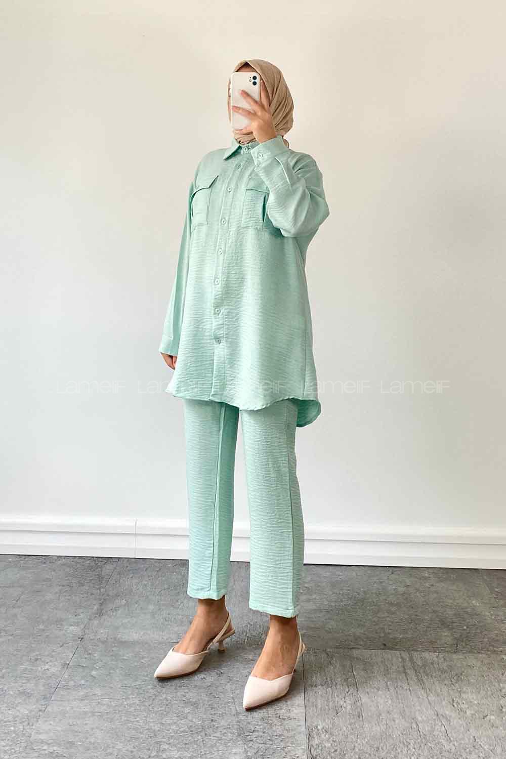 Water Green Shirt Collar Long Arm Without Accessories Viscose Fabric Regular Trousers Comfortable Suit