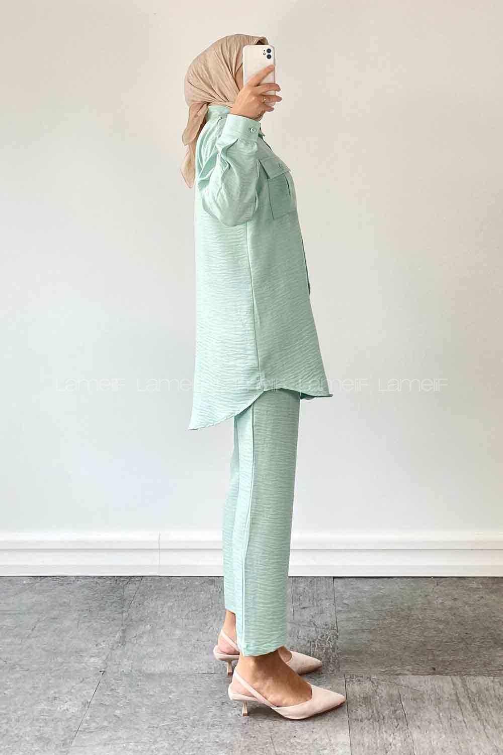 Water Green Shirt Collar Long Arm Without Accessories Viscose Fabric Regular Trousers Comfortable Suit