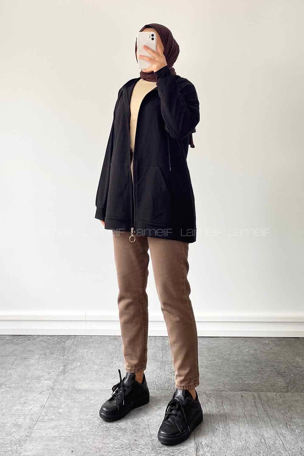 Black Zippered Neck Long Arm Cotton Cardigan