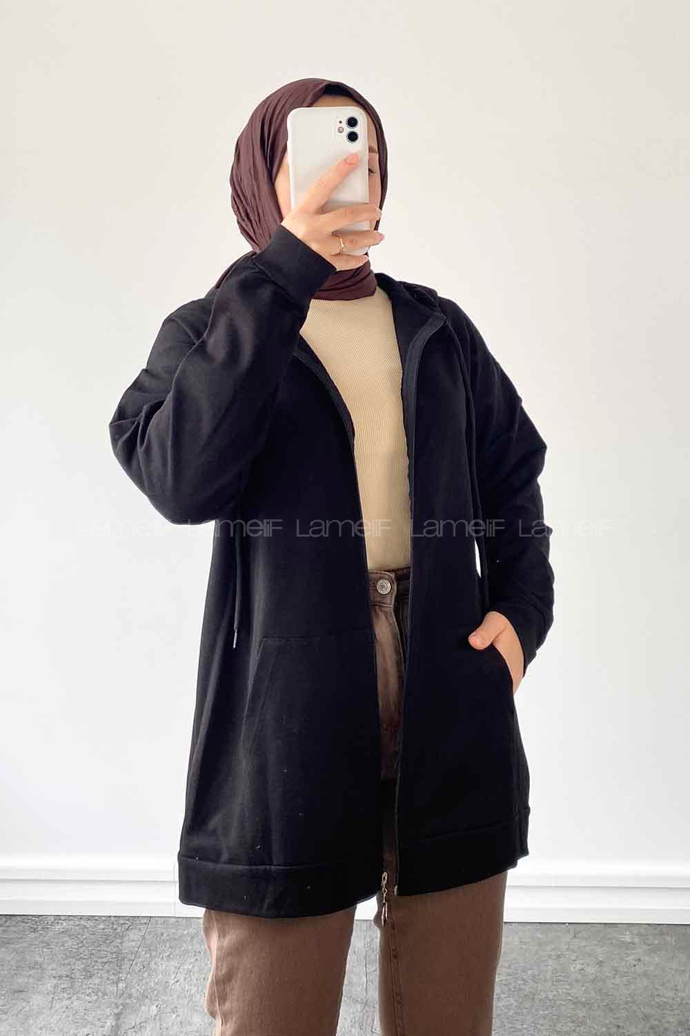 Black Zippered Neck Long Arm Cotton Cardigan