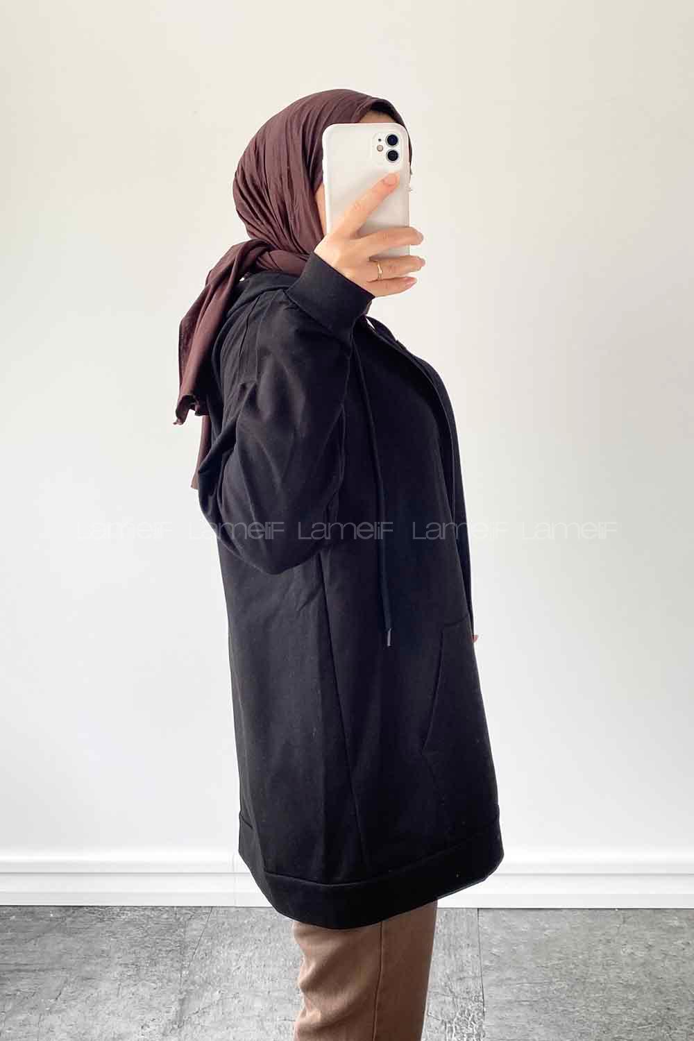 Black Zippered Neck Long Arm Cotton Cardigan