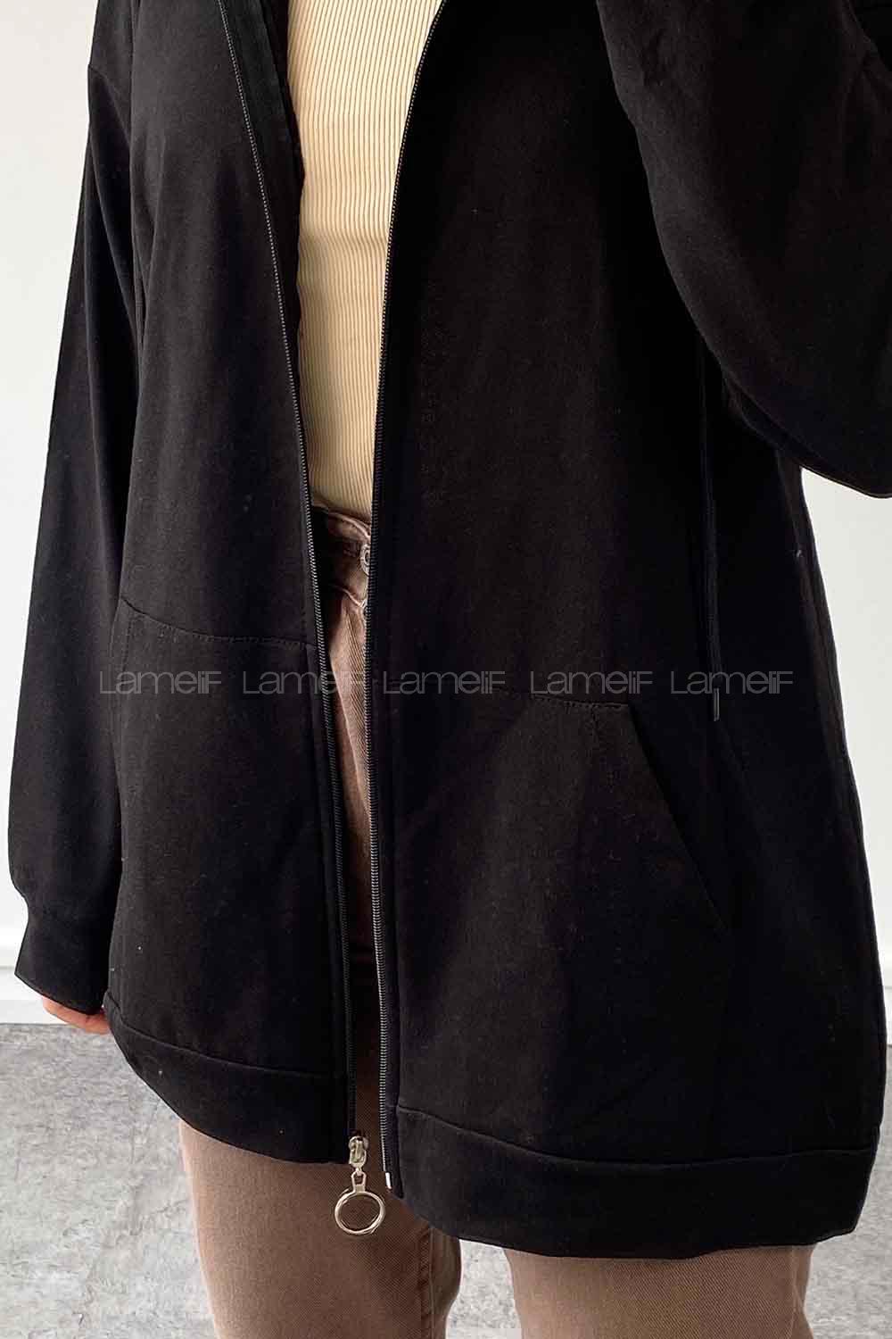 Black Zippered Neck Long Arm Cotton Cardigan