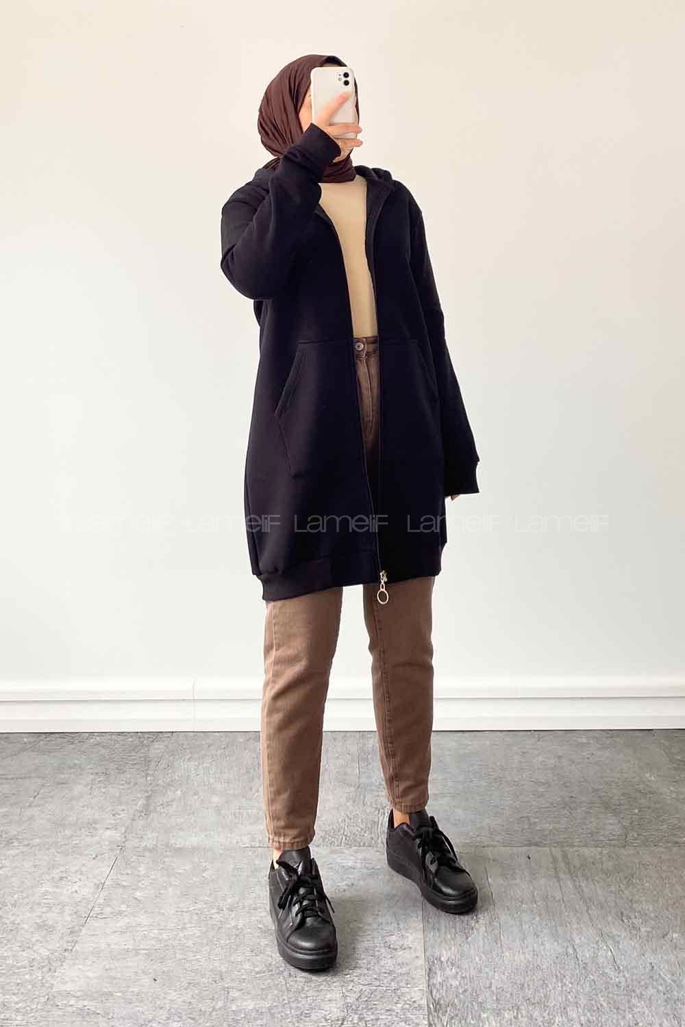 Black Hood Neck Long Arm Combed Fabric Cotton Cardigan