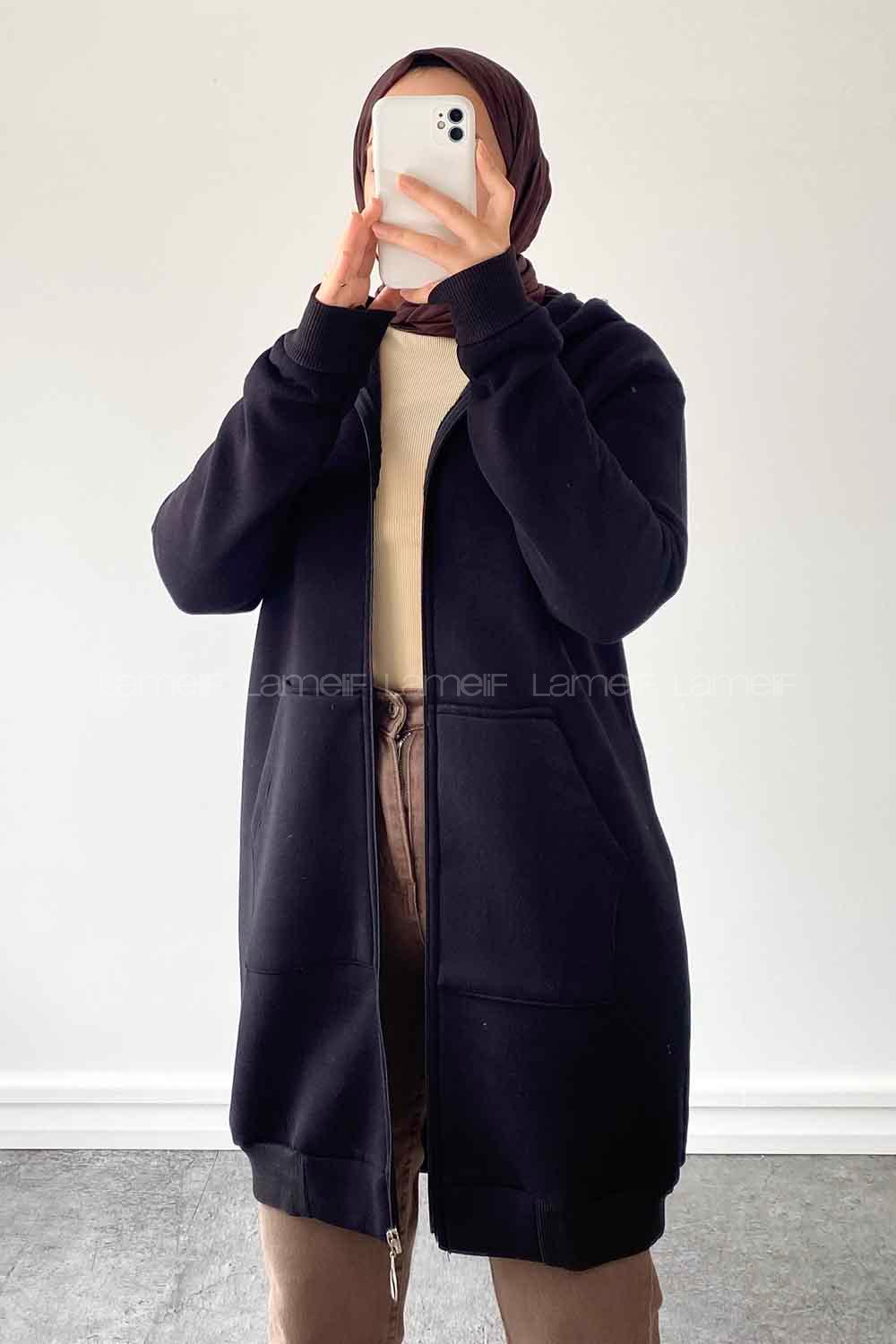Black Hood Neck Long Arm Combed Fabric Cotton Cardigan