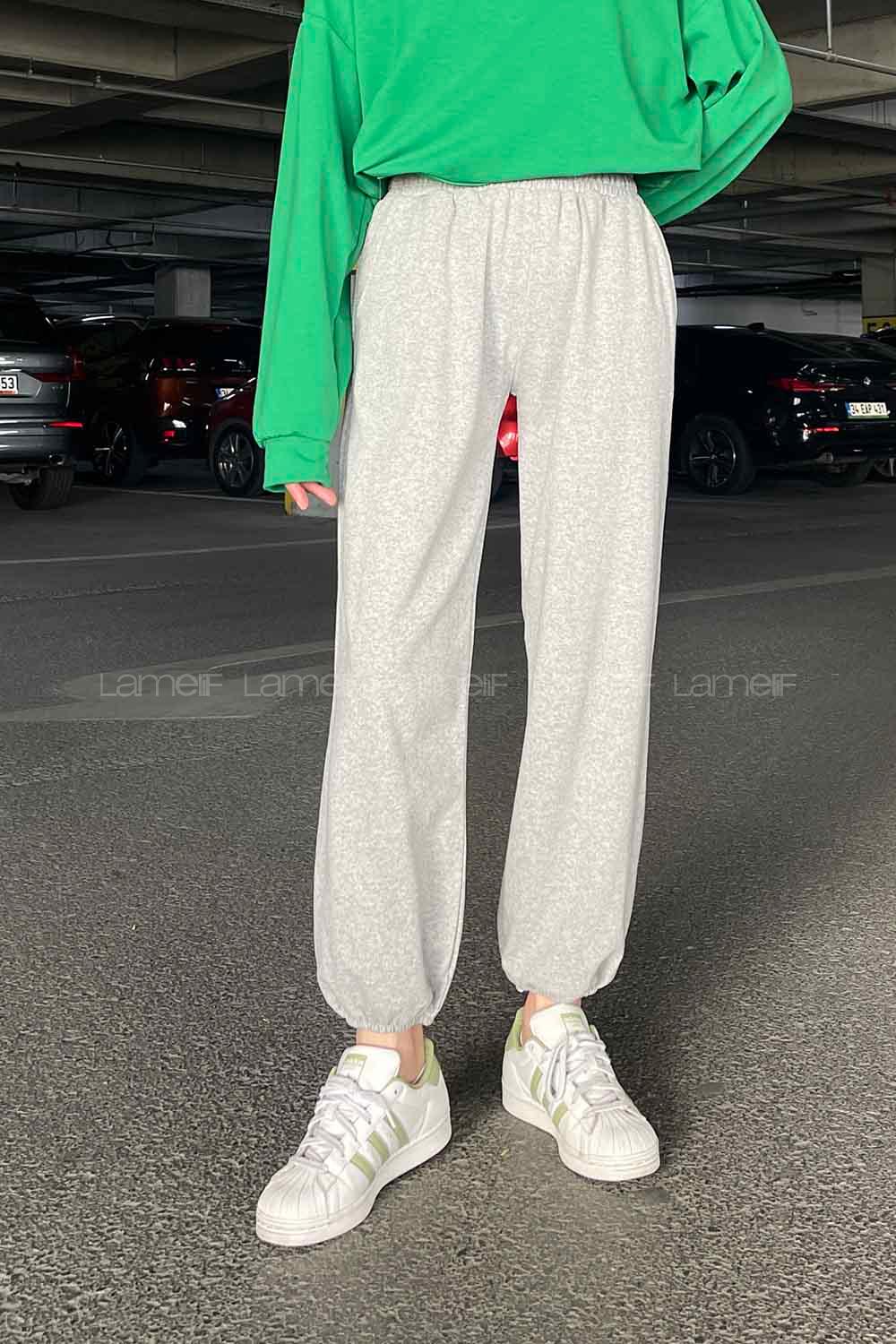 Gray Elastic Trousers Elastic Waist Regular Cut Bottom Tracksuit