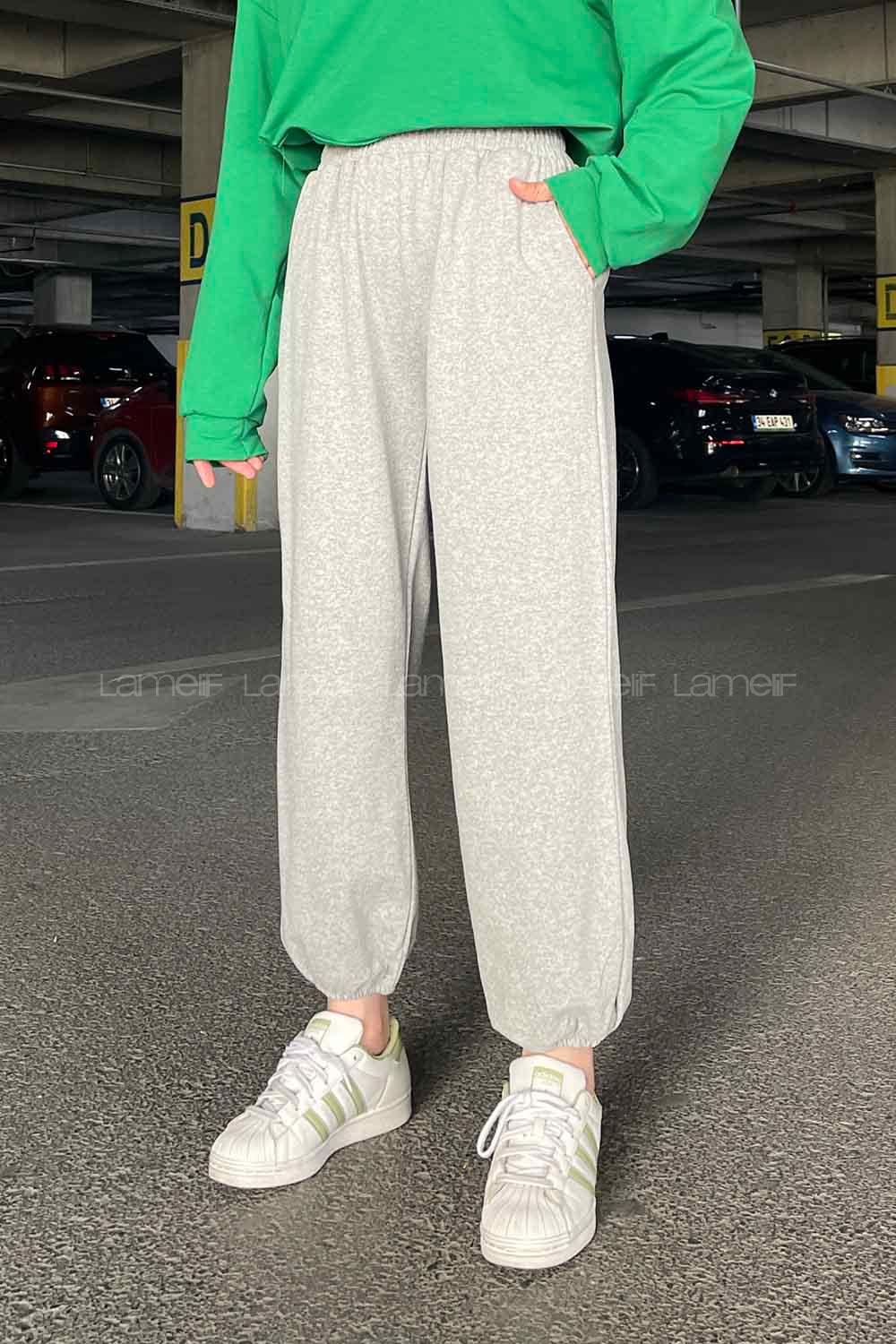 Gray Elastic Trousers Elastic Waist Regular Cut Bottom Tracksuit