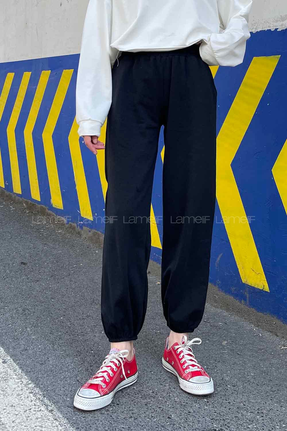 Black Elastic Trousers Elastic Waist Regular Cut Bottom Tracksuit