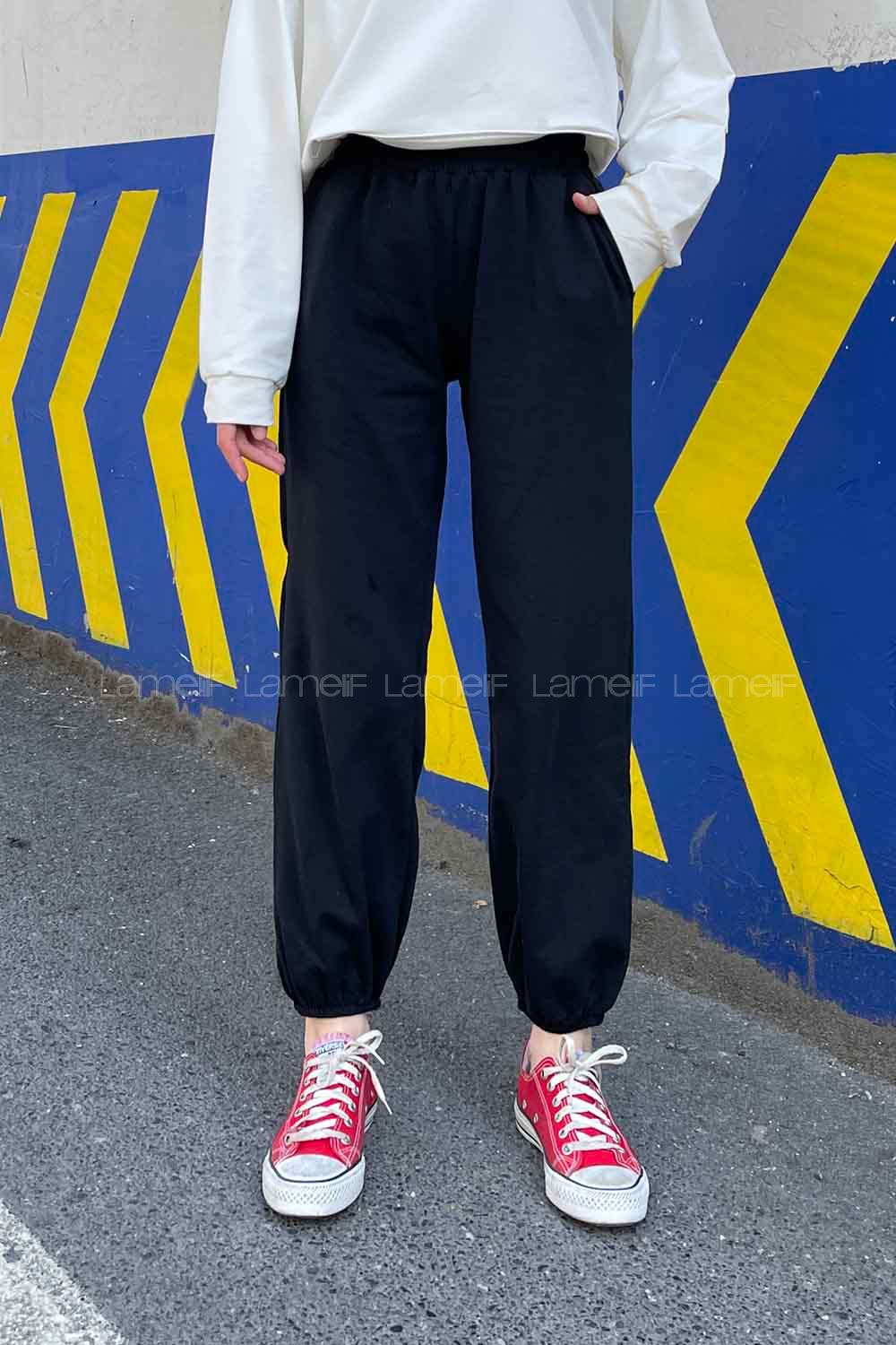 Black Elastic Trousers Elastic Waist Regular Cut Bottom Tracksuit