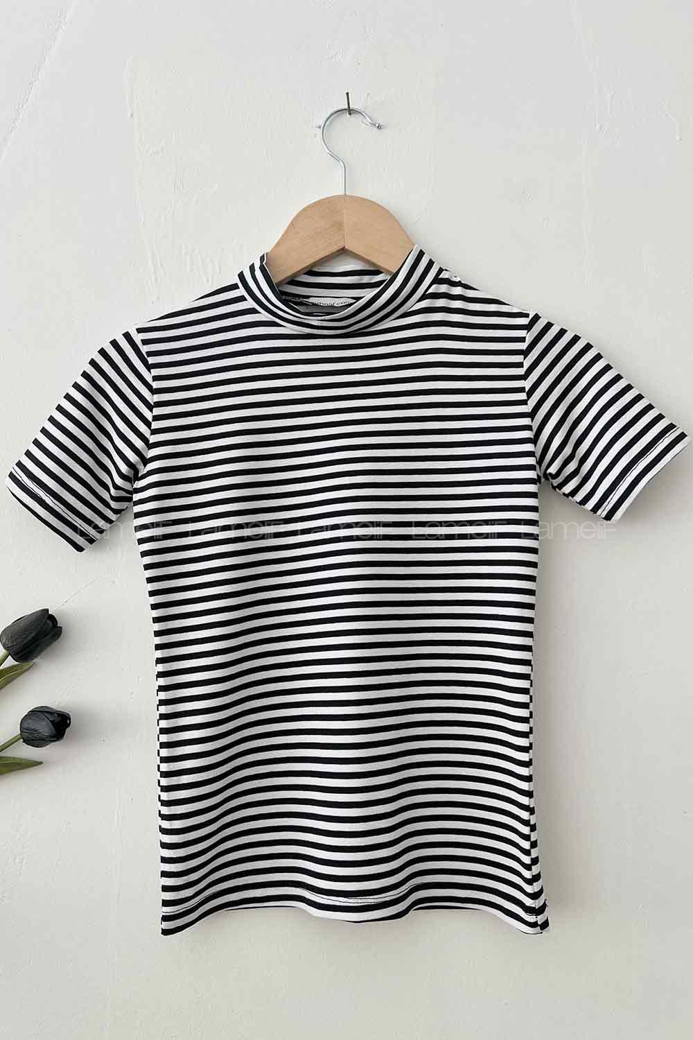 Lamelif Balıkçı Yaka Çizgili Kısa Kol Body Beyaz Siyah