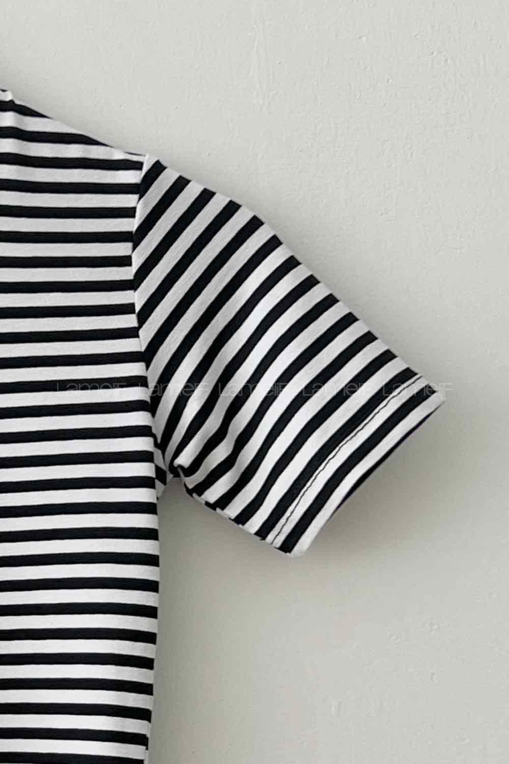 Lamelif Balıkçı Yaka Çizgili Kısa Kol Body Beyaz Siyah