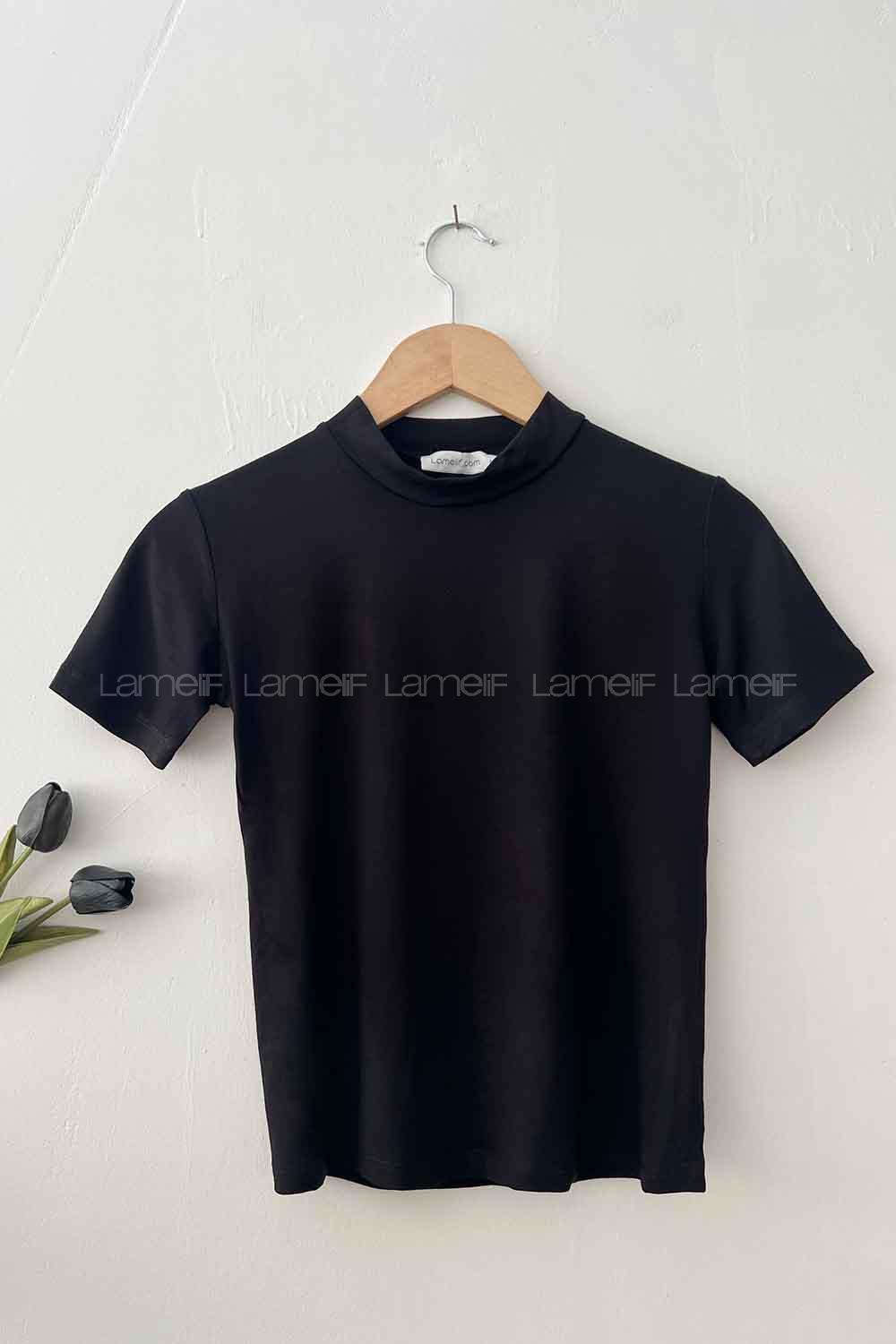 Black Turtle Neck Short Arm Combed Fabric Body