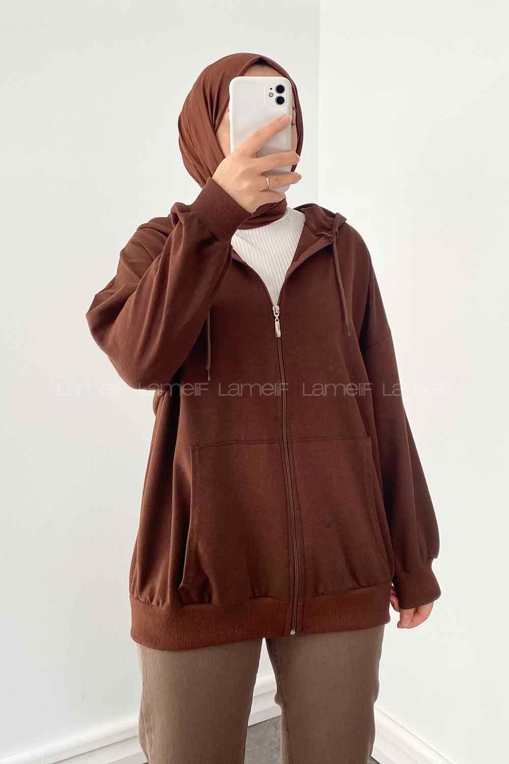 Bitter Brown Hood Neck Combed Fabric Wool Cardigan