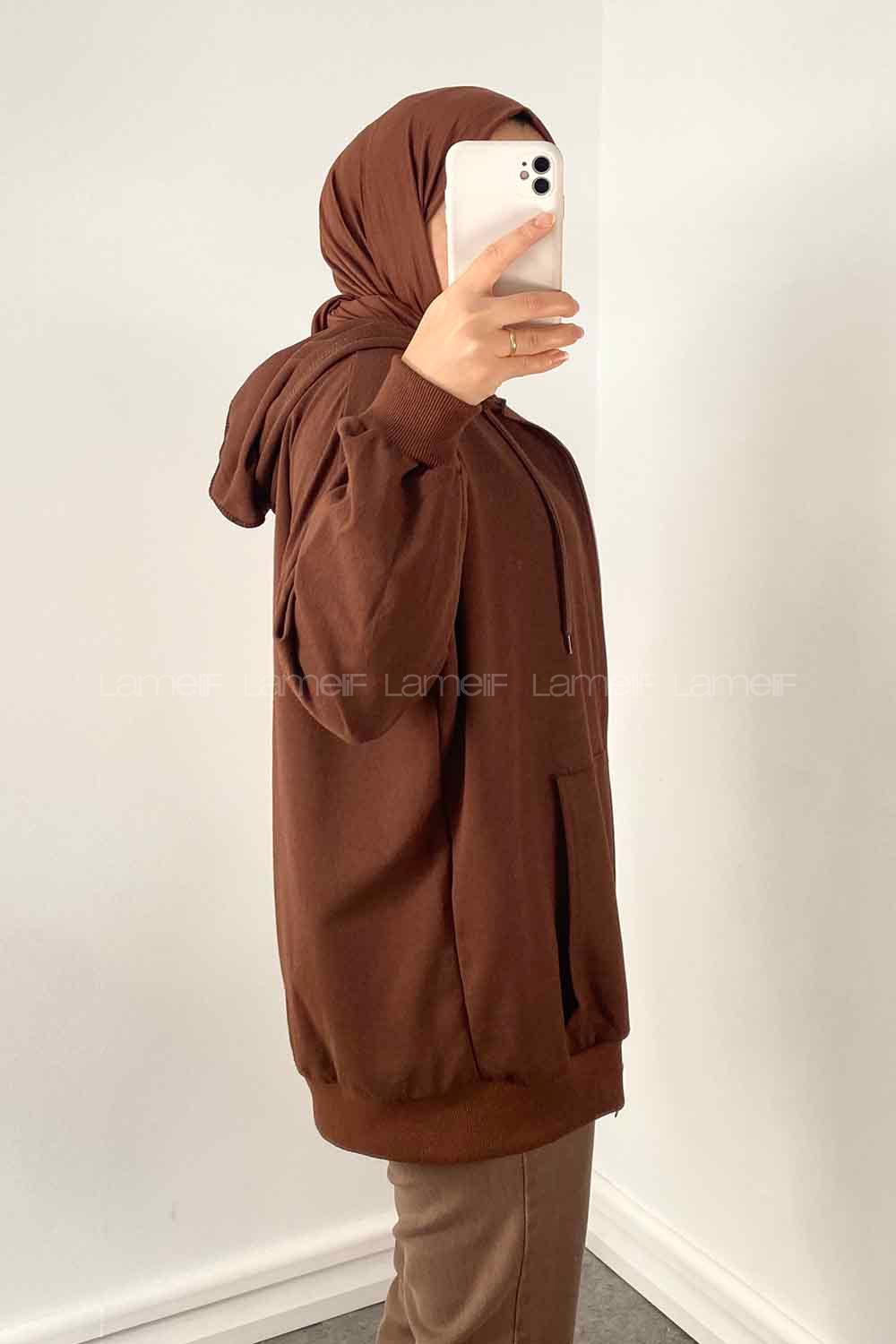 Bitter Brown Hood Neck Combed Fabric Wool Cardigan