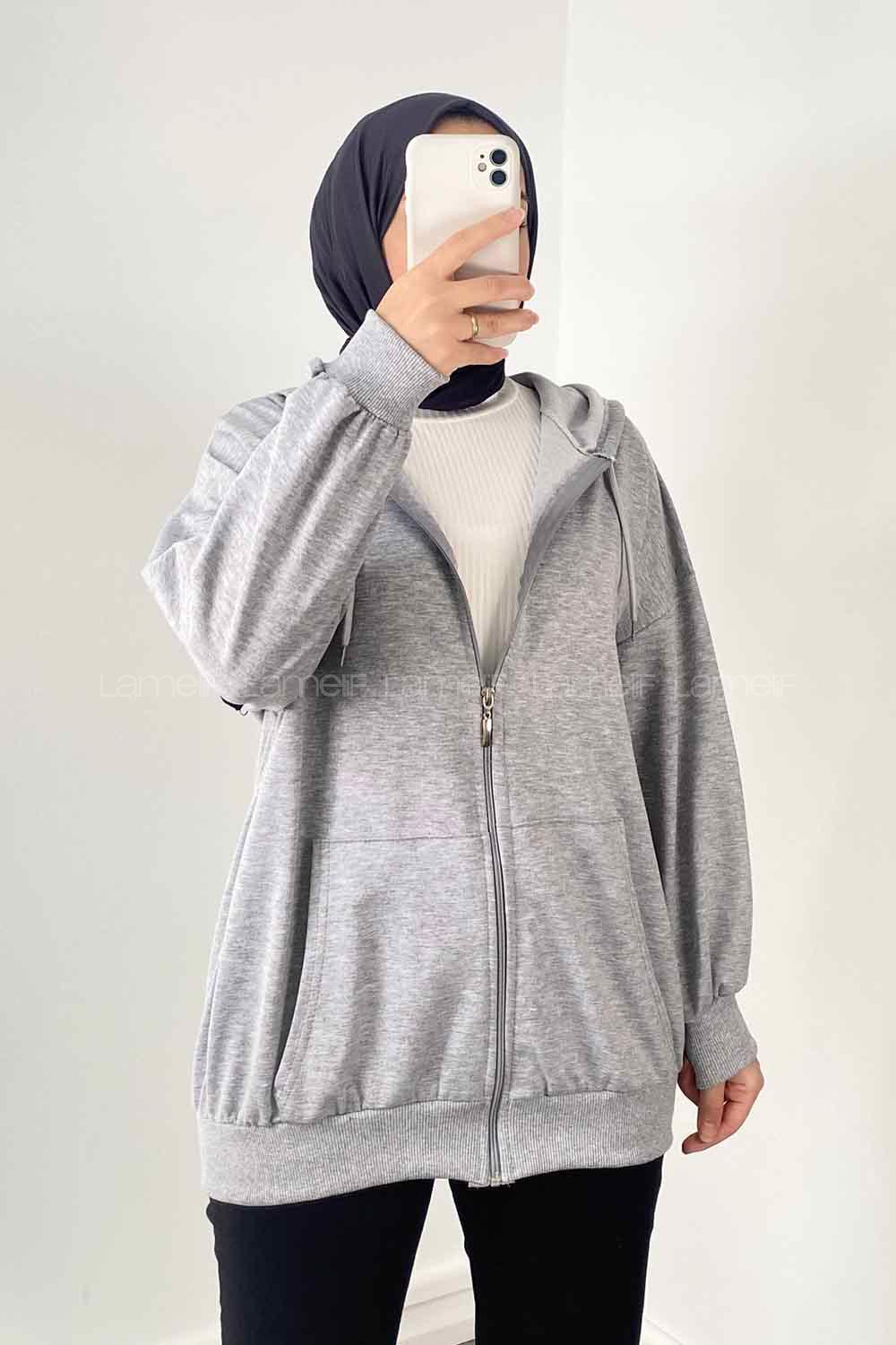 Gray Hood Neck Combed Fabric Wool Cardigan
