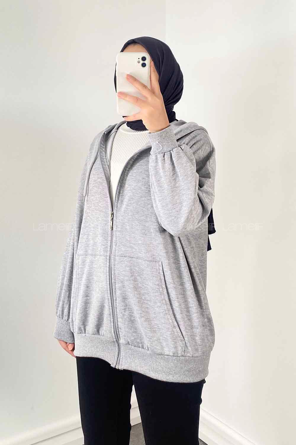Gray Hood Neck Combed Fabric Wool Cardigan