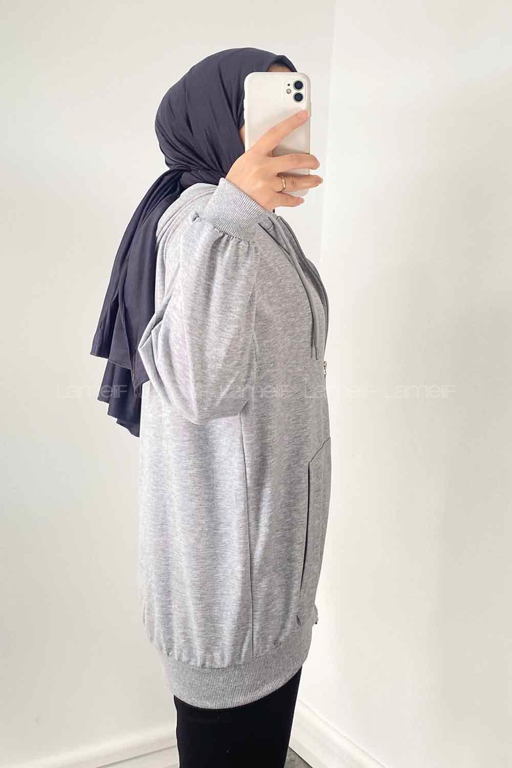 Gray Hood Neck Combed Fabric Wool Cardigan