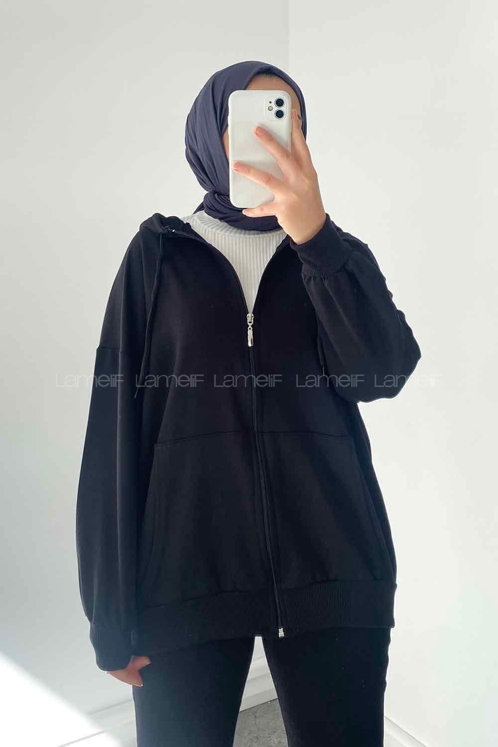 Black Hood Neck Combed Fabric Wool Cardigan