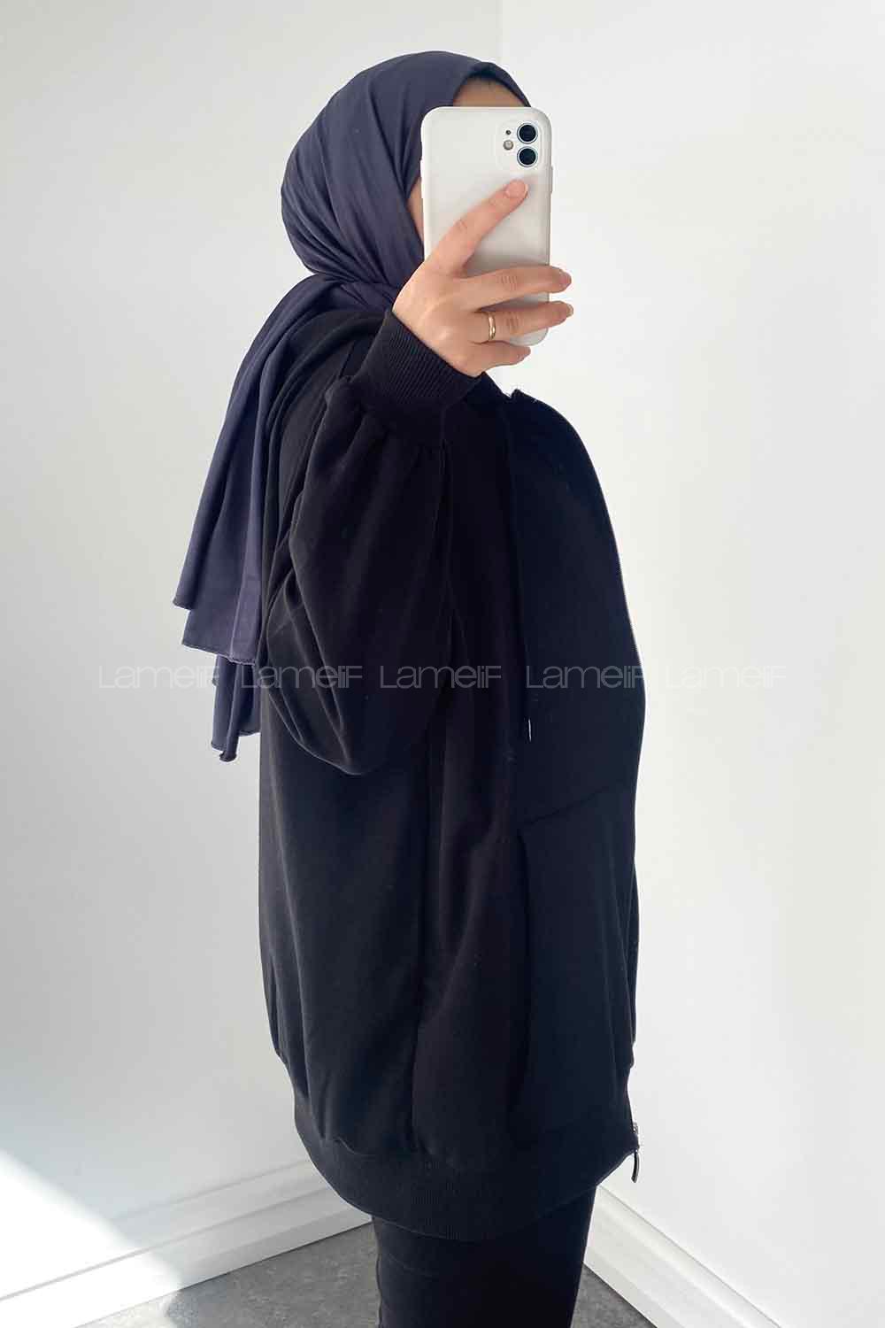 Black Hood Neck Combed Fabric Wool Cardigan