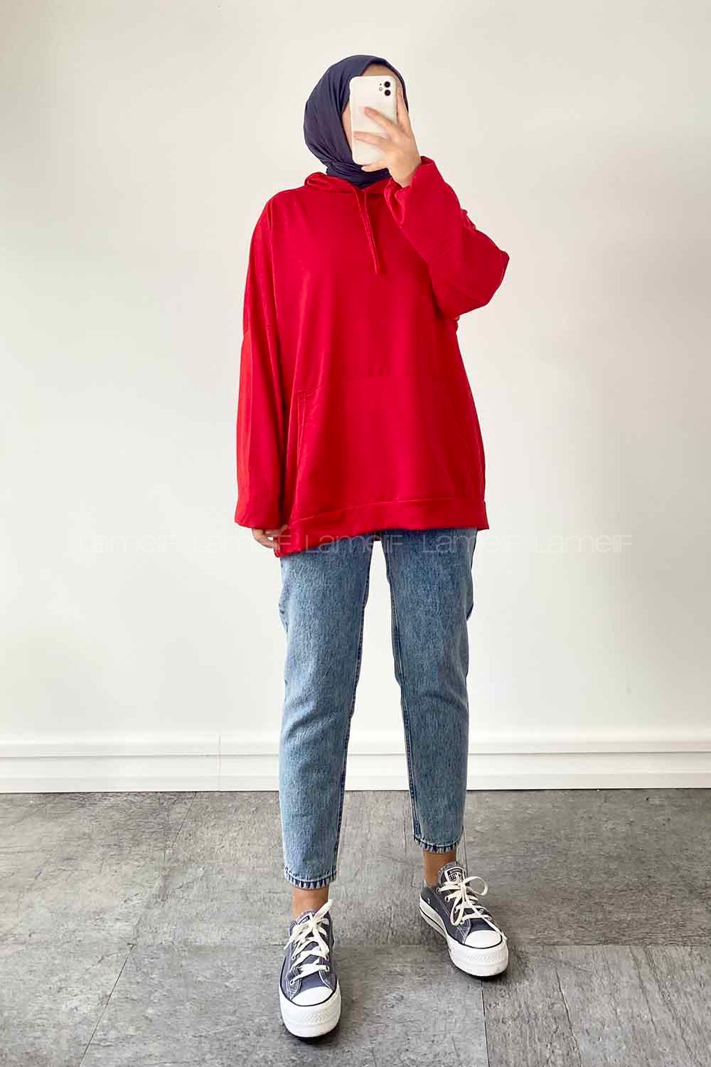 Red Hood Neck Sweatshirt