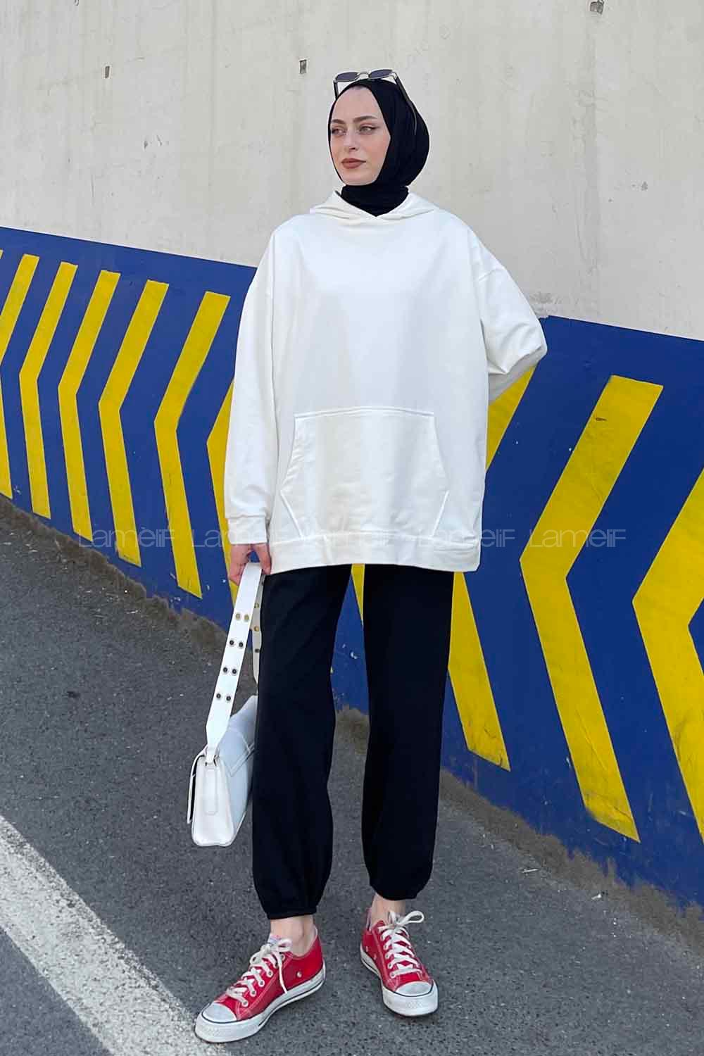 Lamelif Sharapova Kanguru Cepli Nike İki İplik Sweatshirt  Beyaz