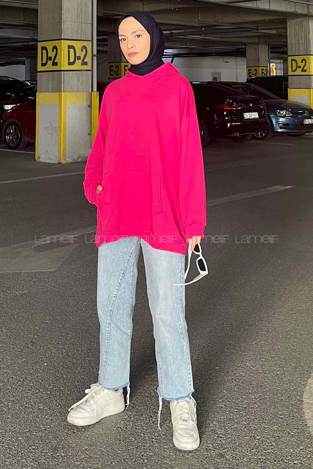 Fuchsia Hood Neck Long Arm Unprinted Sweatshirt