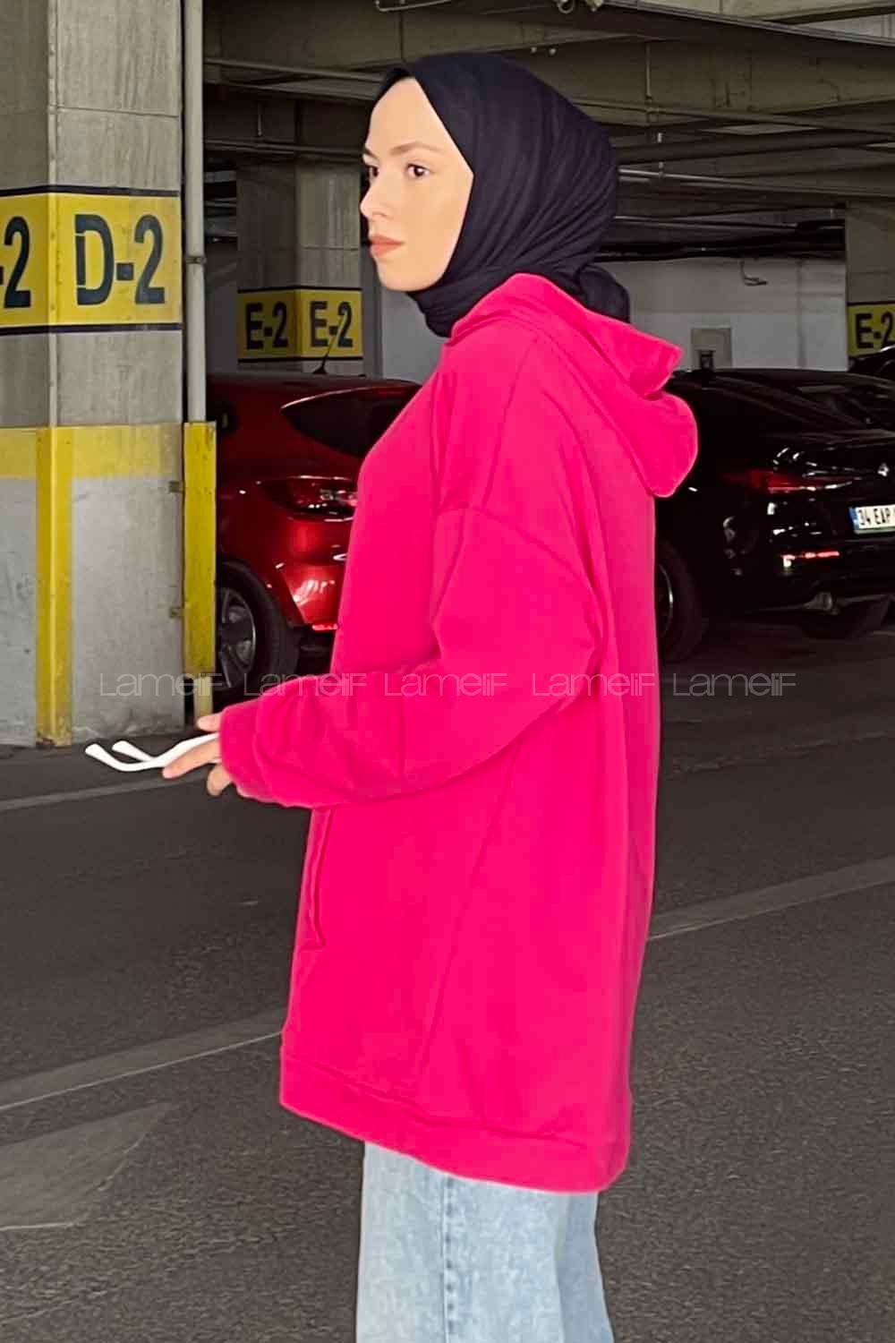 Fuchsia Hood Neck Long Arm Unprinted Sweatshirt