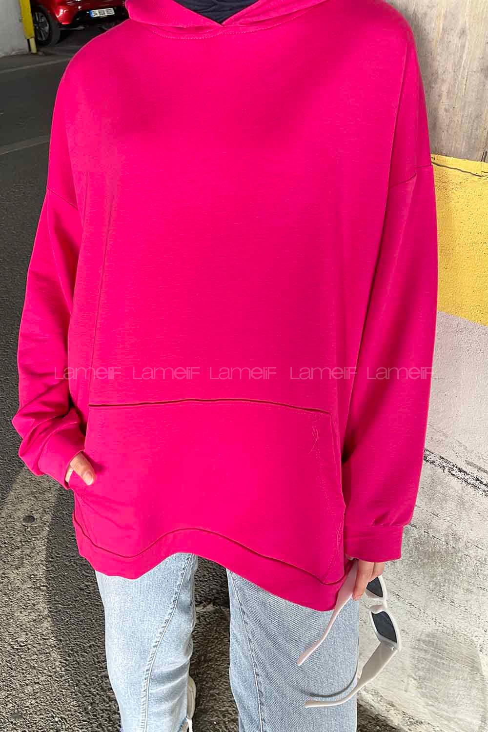Fuchsia Hood Neck Long Arm Unprinted Sweatshirt