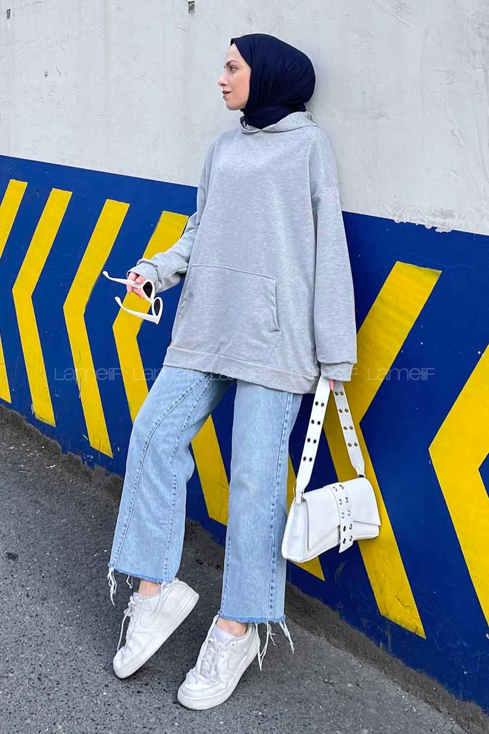 Gray Hood Neck Long Arm Unprinted Sweatshirt