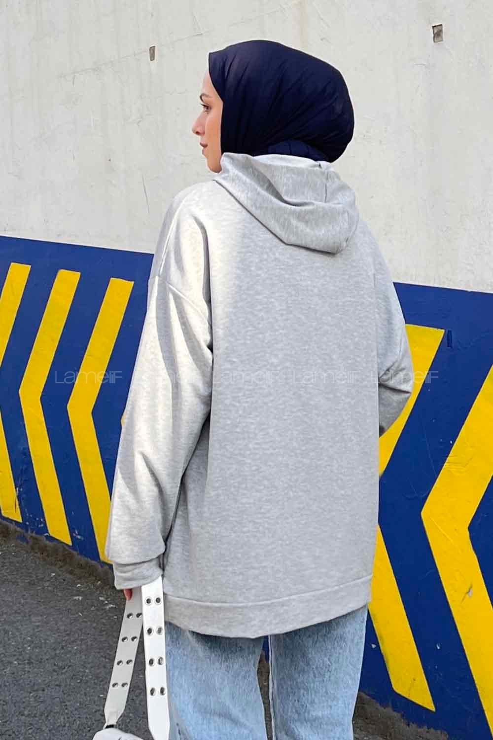 Gray Hood Neck Long Arm Unprinted Sweatshirt