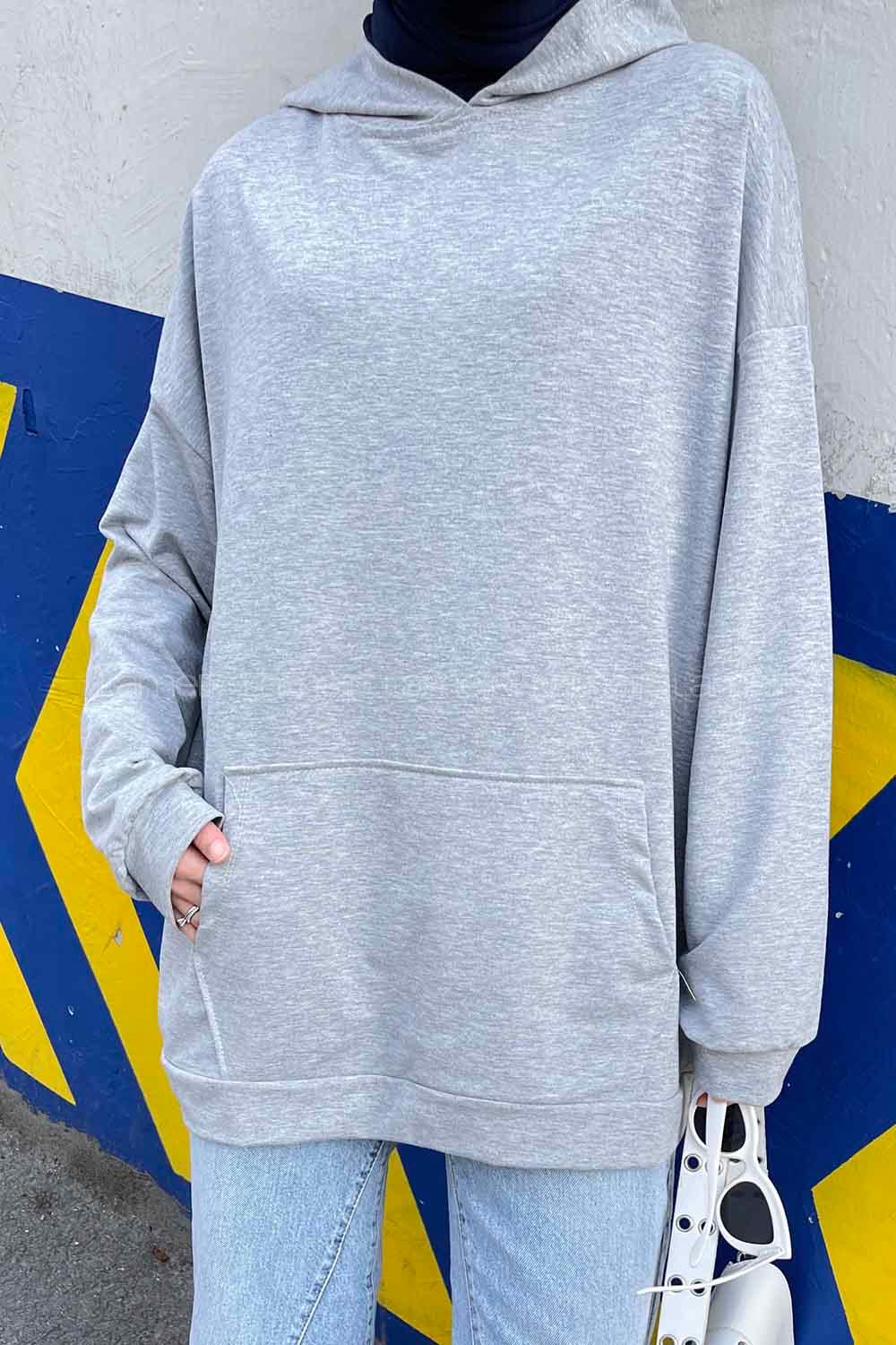 Gray Hood Neck Long Arm Unprinted Sweatshirt