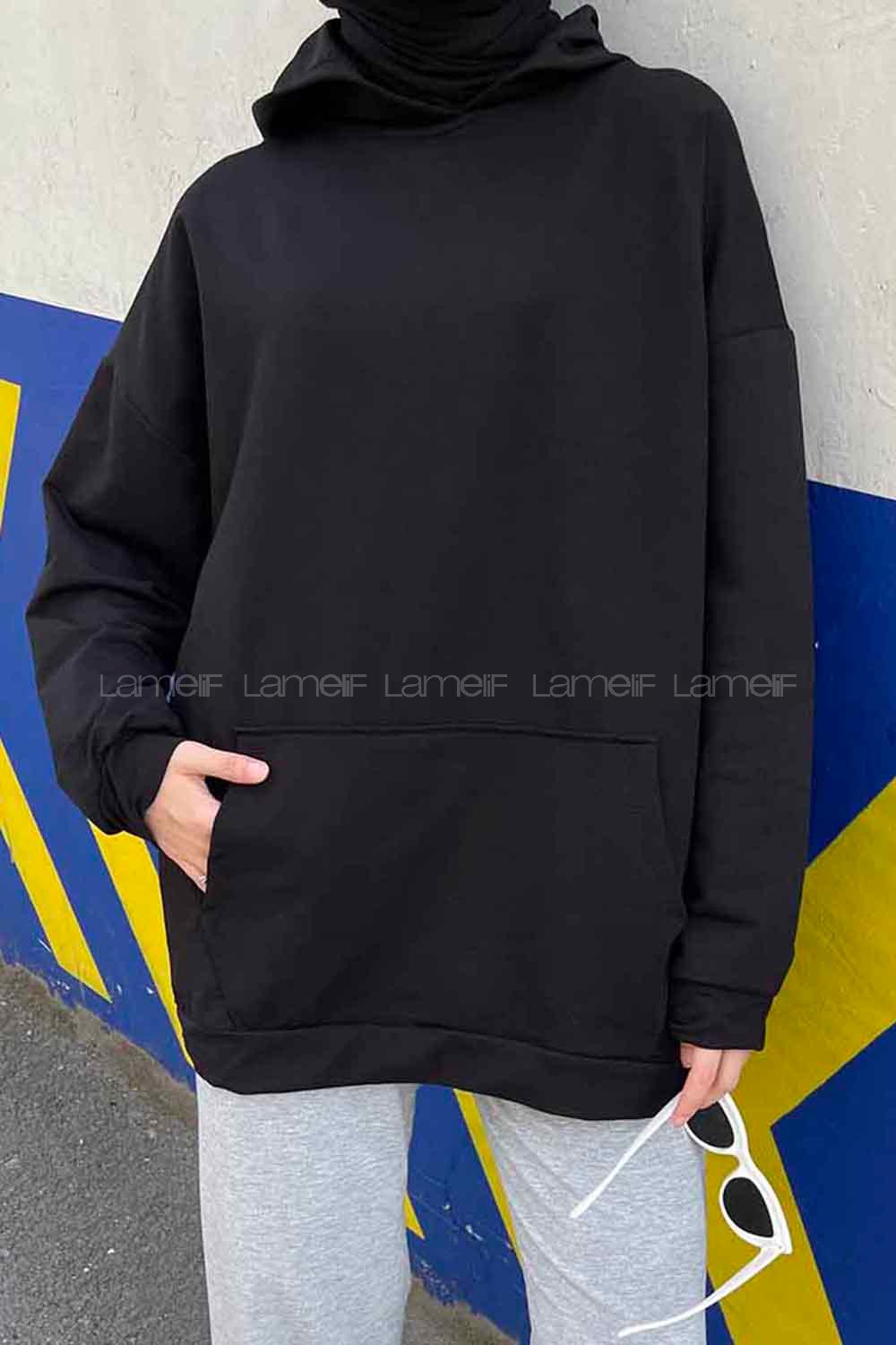 Lamelif Sharapova Kanguru Cepli Nike İki İplik Sweatshirt Siyah